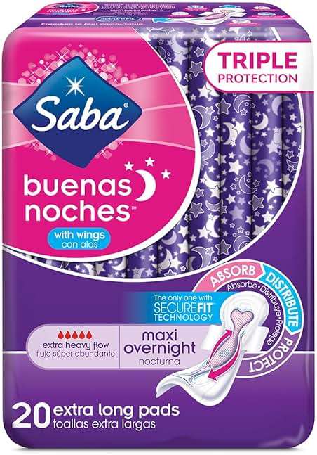 Saba Buenas Noches Overnight Maxi Pads with Wings, Built for Absorption Distribution and Protection, 6-Pack of 20 Pads (120 Count) - Image 1