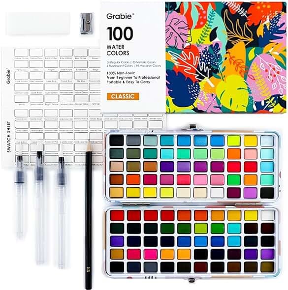 Grabie 100 Colors Watercolor Paint Set - 50 Regular, 35 Metallic, 10 Macaron and 5 Fluorescent Colors - Portable with Carrying Case, Water Brush Pens, and Accessories - For Beginners and Professionals - Product Image