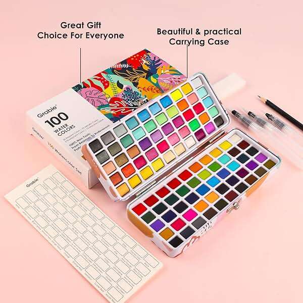 Grabie 100 Colors Watercolor Paint Set - 50 Regular, 35 Metallic, 10 Macaron and 5 Fluorescent Colors - Portable with Carrying Case, Water Brush Pens, and Accessories - For Beginners and Professionals - Image 2