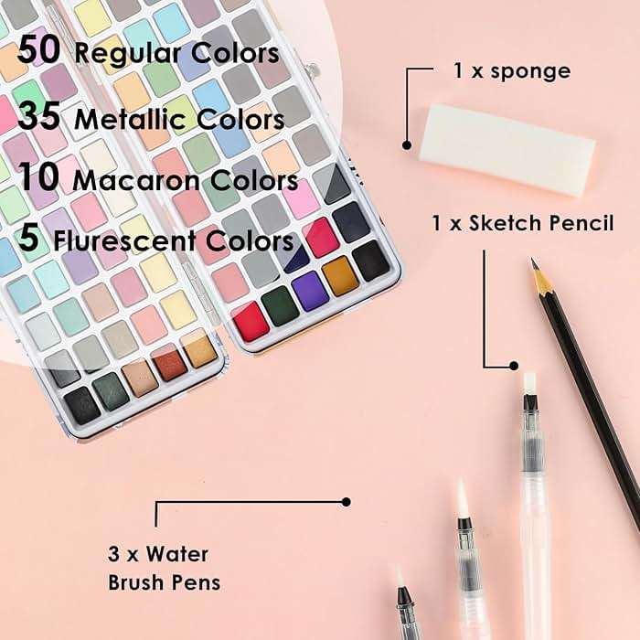 Grabie 100 Colors Watercolor Paint Set - 50 Regular, 35 Metallic, 10 Macaron and 5 Fluorescent Colors - Portable with Carrying Case, Water Brush Pens, and Accessories - For Beginners and Professionals - Image 3