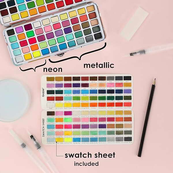 Grabie 100 Colors Watercolor Paint Set - 50 Regular, 35 Metallic, 10 Macaron and 5 Fluorescent Colors - Portable with Carrying Case, Water Brush Pens, and Accessories - For Beginners and Professionals - Image 5