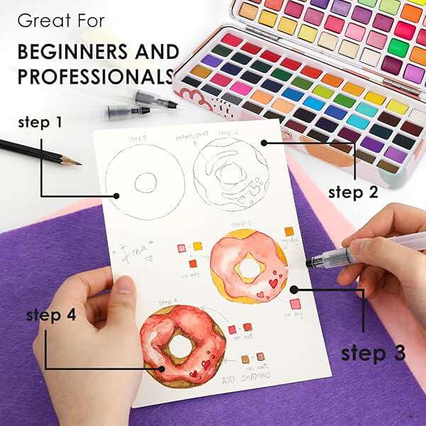 Grabie 100 Colors Watercolor Paint Set - 50 Regular, 35 Metallic, 10 Macaron and 5 Fluorescent Colors - Portable with Carrying Case, Water Brush Pens, and Accessories - For Beginners and Professionals - Image 6