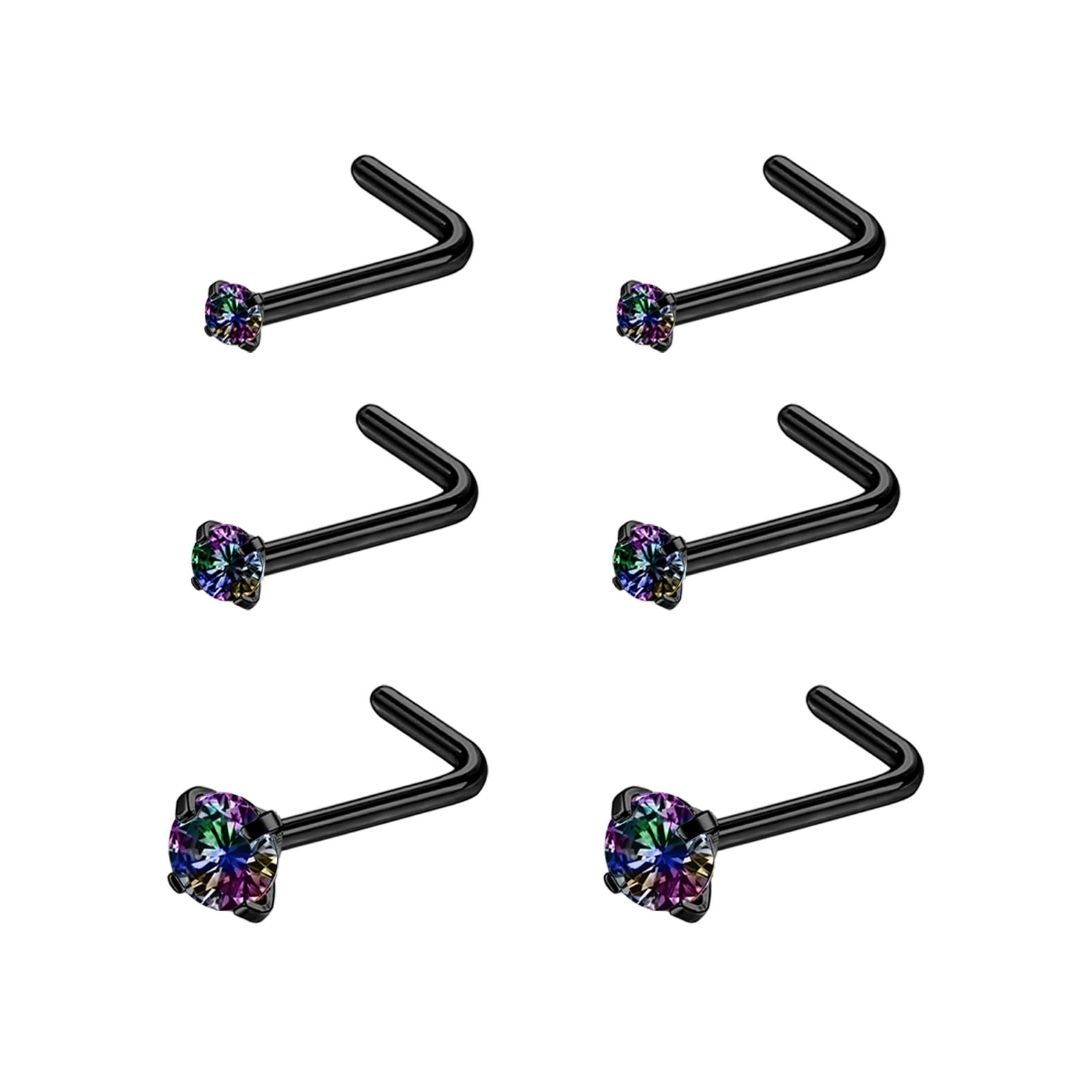 6ixGosh 4-6pcs 20g Nose Rings Studs Surgical Steel Nose Rings CZ L Shaped Corkscrew Nose Ring Studs for Women Men Small Cute Silver Rose Gold Black Nose Rings Stud 1.5mm 2mm 2.5mm 3mm Nostril Piercing jewelry - Product Image
