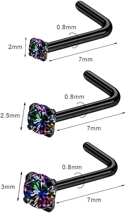 6ixGosh 4-6pcs 20g Nose Rings Studs Surgical Steel Nose Rings CZ L Shaped Corkscrew Nose Ring Studs for Women Men Small Cute Silver Rose Gold Black Nose Rings Stud 1.5mm 2mm 2.5mm 3mm Nostril Piercing jewelry - Image 2