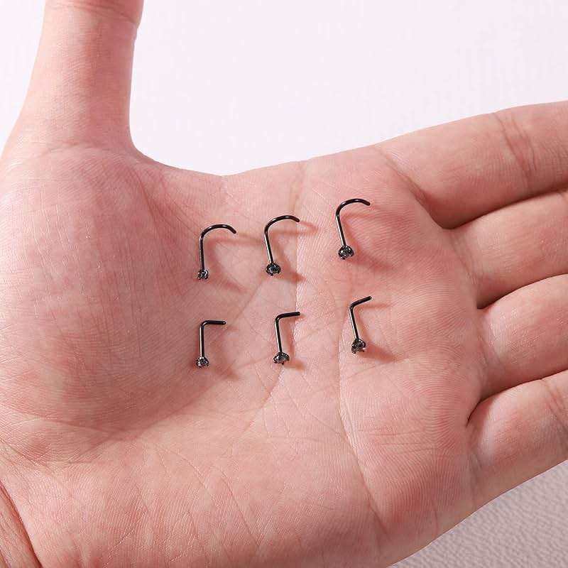 6ixGosh 4-6pcs 20g Nose Rings Studs Surgical Steel Nose Rings CZ L Shaped Corkscrew Nose Ring Studs for Women Men Small Cute Silver Rose Gold Black Nose Rings Stud 1.5mm 2mm 2.5mm 3mm Nostril Piercing jewelry - Image 3
