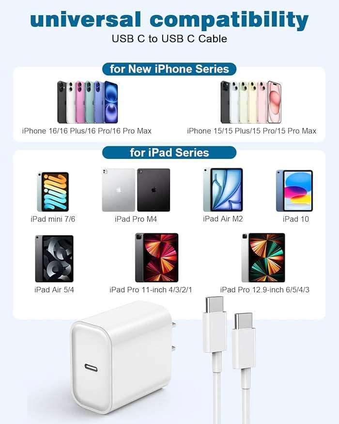 USB C Charger for iPhone 17/16 Charger Fast Charging,Type C Charge Apple Fast USB C Wall Chargers Block Adapter 6FT Charging Cable Cord for iPhone 17 Pro Max/Air/16/16Pro/15/15 Plus/iPad Pro/Air/Mini - Image 7