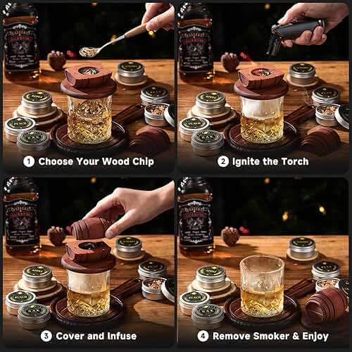 Whiskey Smoker Kit with Torch - 6 Flavors Wood Chips, 2 Glasses, 2 Ice Ball Molds - Cocktail Smoker Infuser Kit, Old Fashioned Drink Smoker Kit, Birthday Bourbon Whiskey Gifts for Men,Dad(NO Butane) - Image 7