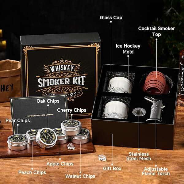 Whiskey Smoker Kit with Torch - 6 Flavors Wood Chips, 2 Glasses, 2 Ice Ball Molds - Cocktail Smoker Infuser Kit, Old Fashioned Drink Smoker Kit, Birthday Bourbon Whiskey Gifts for Men,Dad(NO Butane) - Image 9