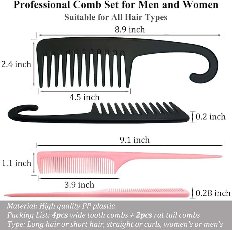 6PCS Large Wide Tooth Comb Rat Tail Comb Set, Shower Combs for Wet or Dry Hair, Premium Hair Brush Combs Detangle Curls, Detangler Comb for Detangling Wigs, Styling Curly Parting Kit for Men and Women - Image 2