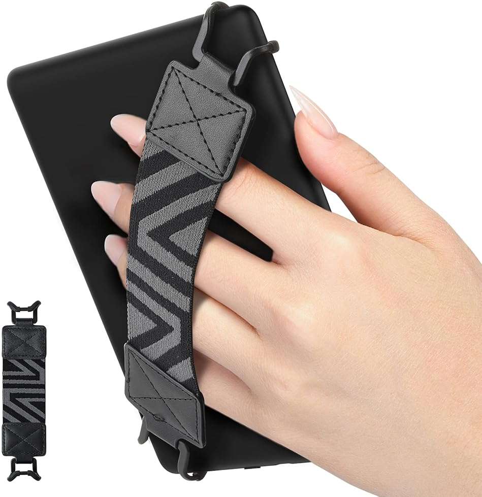 MoKo Security Hand-Strap for 6-8" Kindle eReaders Fire Tablet, Kindle/Kobo/Voyaga/Lenovo/Sony E-Book Tablet, High-Elasticity Versatile Hand Strap Lightweight Finger Grip Holder, Black - Image 1