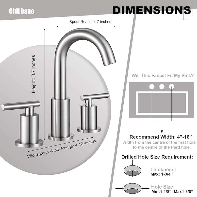 Widespread Bathroom Faucet with Sink Drain and Supply Hose, Brushed Nickel 3 Hole Faucet for Bathroom Sink, ChiLDano Satin Nickel 2 Handle Bathroom Faucet CH2183BN - Image 2