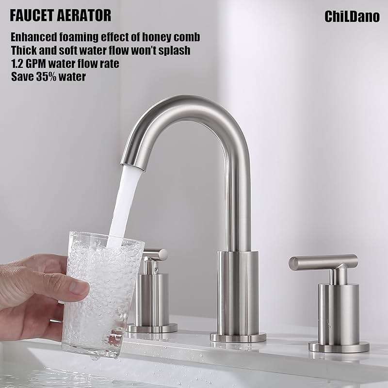 Widespread Bathroom Faucet with Sink Drain and Supply Hose, Brushed Nickel 3 Hole Faucet for Bathroom Sink, ChiLDano Satin Nickel 2 Handle Bathroom Faucet CH2183BN - Image 4