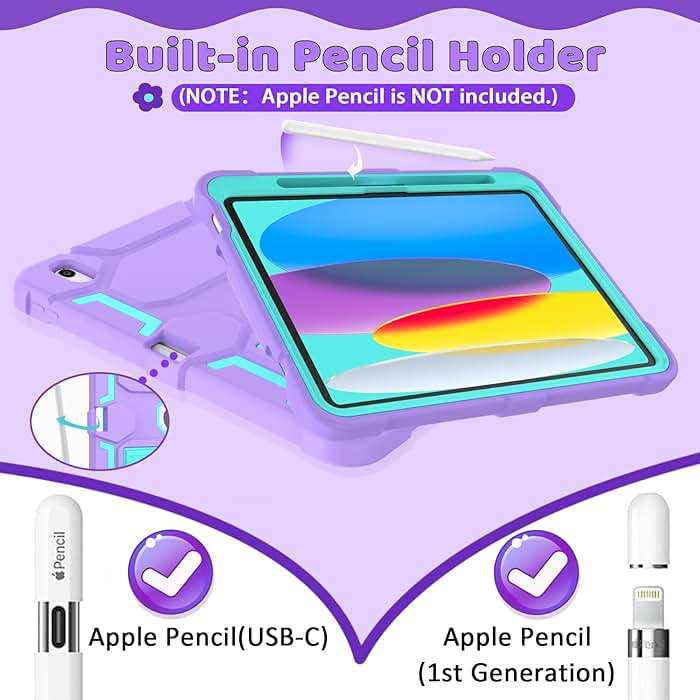 CCMAO Case for iPad 11th Generation (A16) 2025 11 Inch & 10th Generation (2022) 10.9 Inch, Rugged Heavy Duty Full-Body Shockproof Protective Cover with Kickstand and Pencil Holder, Purple+Green - Image 4