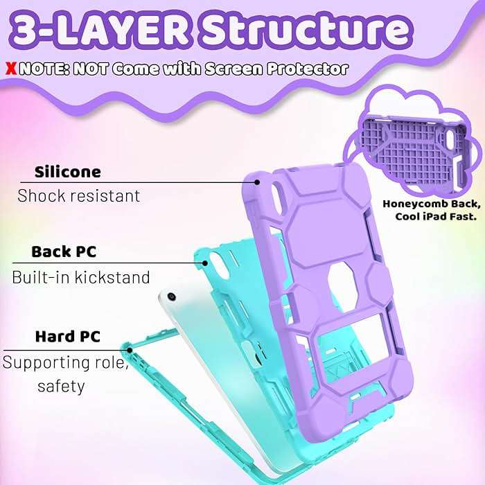 CCMAO Case for iPad 11th Generation (A16) 2025 11 Inch & 10th Generation (2022) 10.9 Inch, Rugged Heavy Duty Full-Body Shockproof Protective Cover with Kickstand and Pencil Holder, Purple+Green - Image 5