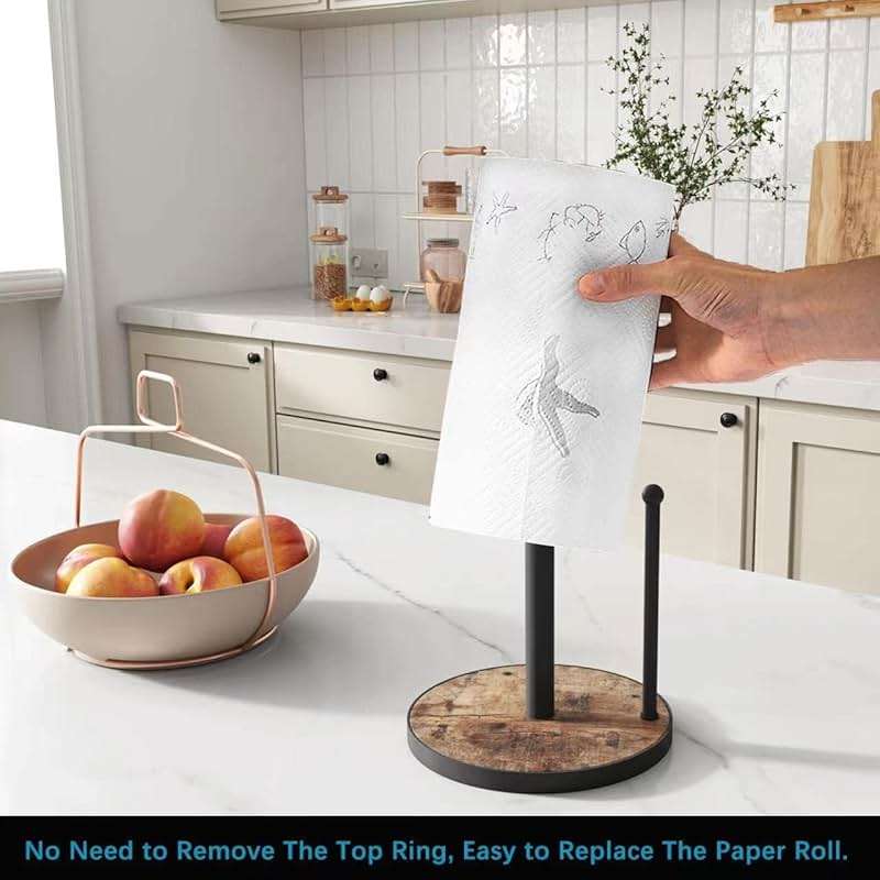 OROPY Paper Towel Holder Countertop with Heavy Duty Wood Base, Farmhouse Paper Towel Roll Stand for Kitchen Counter fits Standard and Jumbo Size Paper Towels (Brown - Easy to Tear) - Image 2