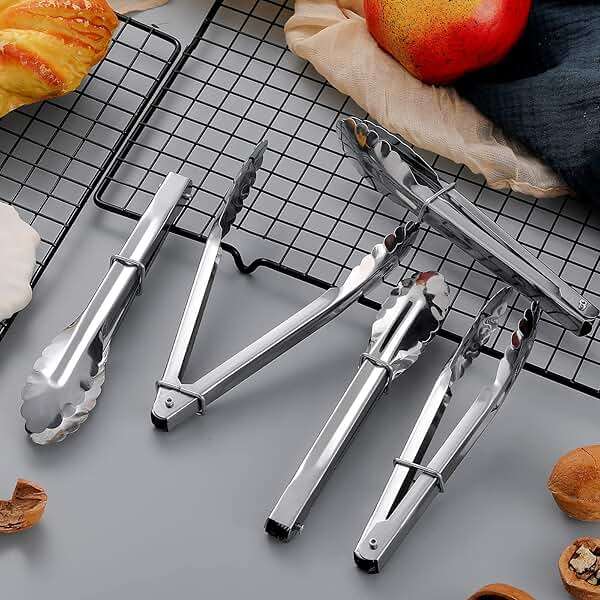 Meanplan 50 Pcs Small Stainless Steel Kitchen Tongs 7 Inch Food Serving Tongs Metal Cooking Clips High Heat Resistant Clips with Sliding Rings for Buffet Food Cooking Salad Grilling, Silver - Image 2