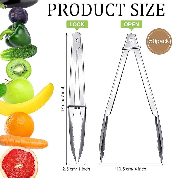 Meanplan 50 Pcs Small Stainless Steel Kitchen Tongs 7 Inch Food Serving Tongs Metal Cooking Clips High Heat Resistant Clips with Sliding Rings for Buffet Food Cooking Salad Grilling, Silver - Image 3