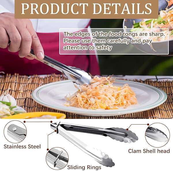 Meanplan 50 Pcs Small Stainless Steel Kitchen Tongs 7 Inch Food Serving Tongs Metal Cooking Clips High Heat Resistant Clips with Sliding Rings for Buffet Food Cooking Salad Grilling, Silver - Image 4