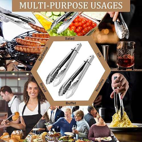 Meanplan 50 Pcs Small Stainless Steel Kitchen Tongs 7 Inch Food Serving Tongs Metal Cooking Clips High Heat Resistant Clips with Sliding Rings for Buffet Food Cooking Salad Grilling, Silver - Image 5