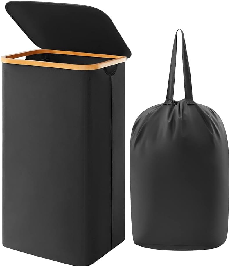 Lifewit 100L Laundry Basket with Lid, Clothes Hampers for Laundry with Bamboo Handles and A Removable Bag, Large Foldable Laundry Hamper for Bedroom, Bathroom, Dorm, Laundry Room, Black - Product Image