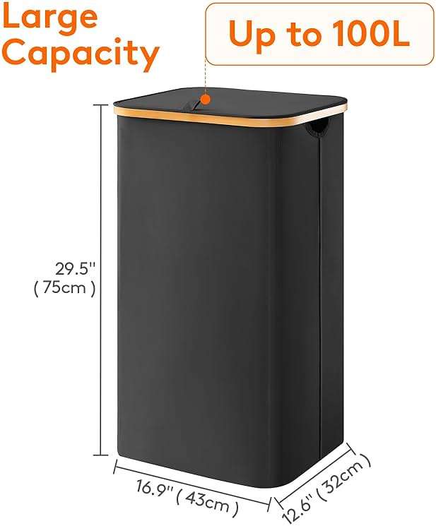 Lifewit 100L Laundry Basket with Lid, Clothes Hampers for Laundry with Bamboo Handles and A Removable Bag, Large Foldable Laundry Hamper for Bedroom, Bathroom, Dorm, Laundry Room, Black - Image 3