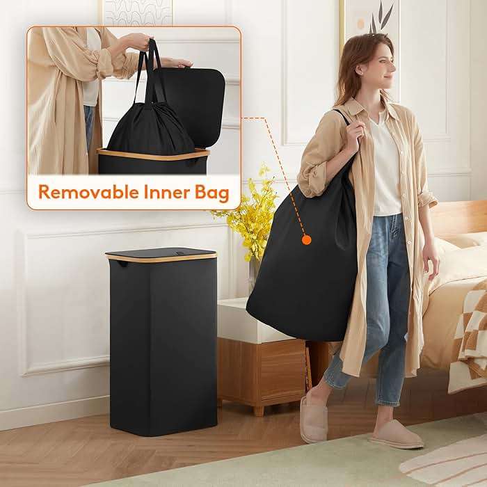 Lifewit 100L Laundry Basket with Lid, Clothes Hampers for Laundry with Bamboo Handles and A Removable Bag, Large Foldable Laundry Hamper for Bedroom, Bathroom, Dorm, Laundry Room, Black - Image 4