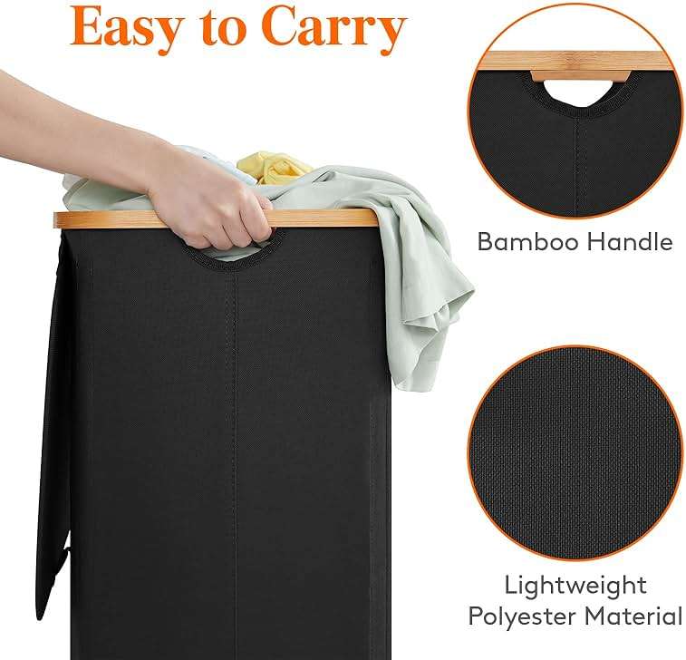 Lifewit 100L Laundry Basket with Lid, Clothes Hampers for Laundry with Bamboo Handles and A Removable Bag, Large Foldable Laundry Hamper for Bedroom, Bathroom, Dorm, Laundry Room, Black - Image 6