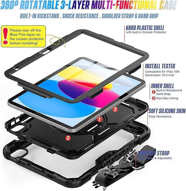 Herize Case Compatible with iPad (A16) 11th 2025/10th Generation 2022 with Screen Protector Pen Holder | Heavy Duty Shockproof Rugged Protective Case W/Handle Shoulder Strap - Image 6