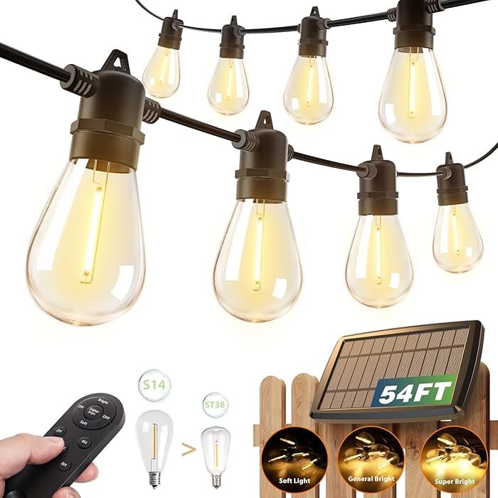 addlon 54FT(48+6) Solar String Lights Outdoor Waterproof with USB Charging & Remote Control - Dimmable Solar Power Patio Lights with LED Bulbs for Porch, Garden, Yard, Market, Bistro - Last for 20+Hrs - Product Image