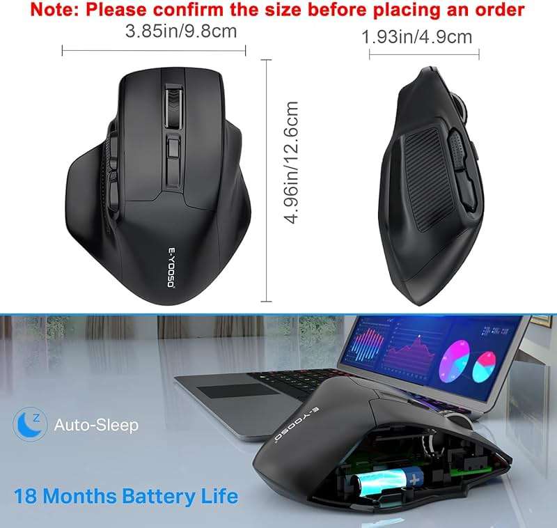 E-YOOSO Large Wireless Mouse for Big Hands, X-31 Cordless Ergo Computer Mouse, 6 Buttons, 5-Level 4800 DPI, 18 Months Battery Life, for Laptop, PC, Chromebook (Black) - Image 2
