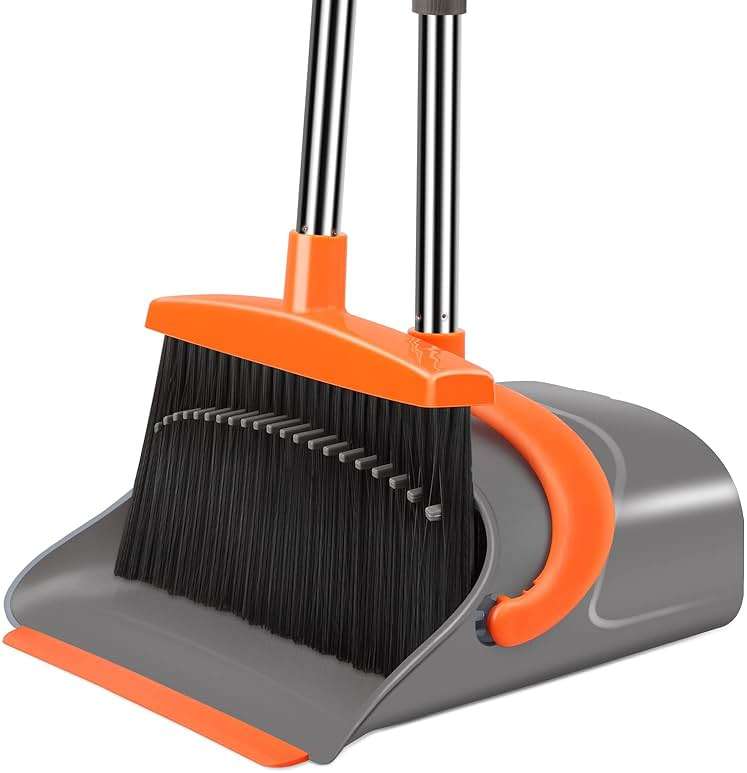Ivandar Broom and Dustpan Set for Home, Broom and Dustpan Combo for Office, Long Handle Broom with Upright Standing Dust pan,Indoor&Outdoor Sweeping (Gray&Orange) - Image 1