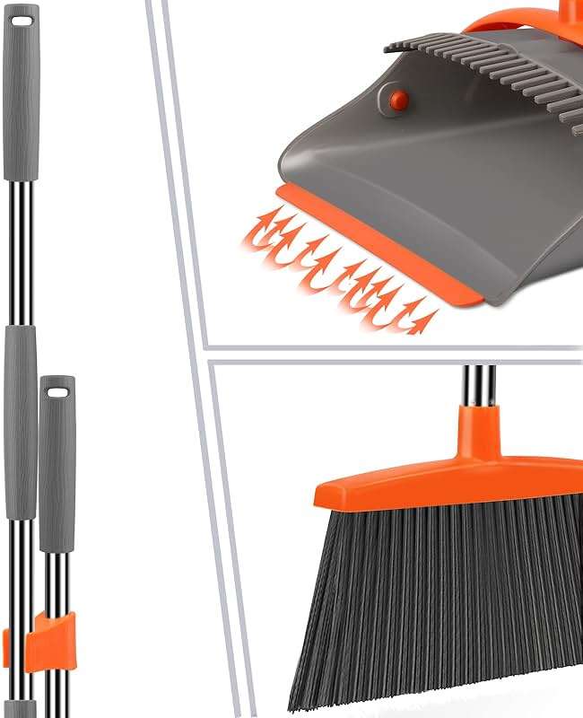 Ivandar Broom and Dustpan Set for Home, Broom and Dustpan Combo for Office, Long Handle Broom with Upright Standing Dust pan,Indoor&Outdoor Sweeping (Gray&Orange) - Image 4