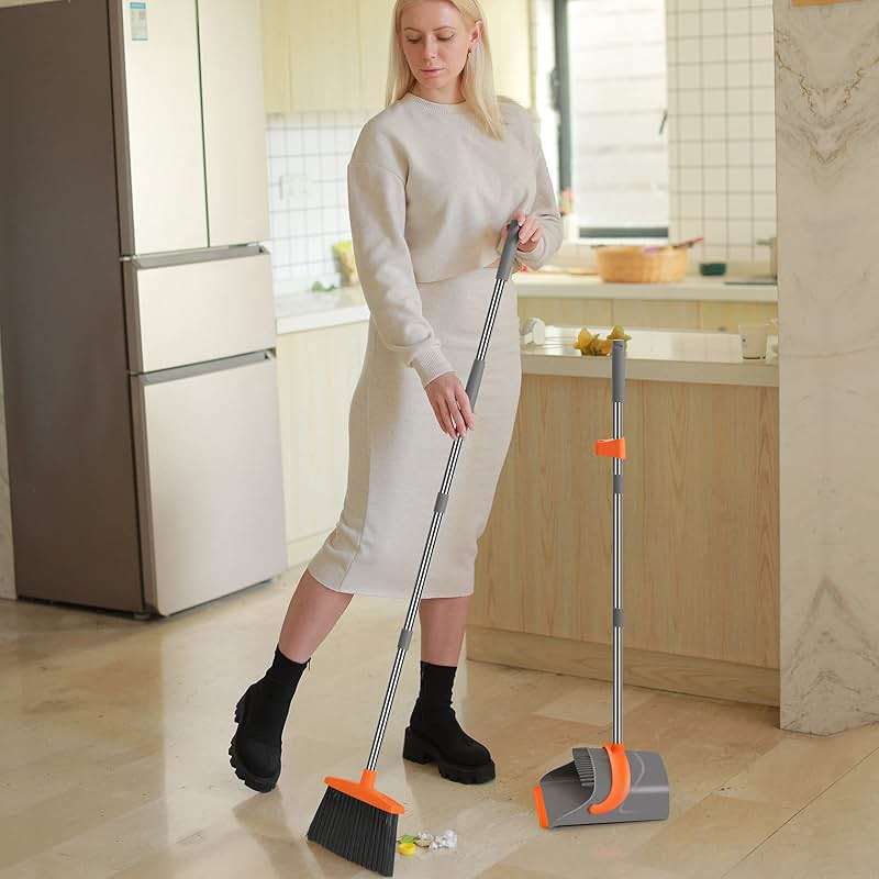 Ivandar Broom and Dustpan Set for Home, Broom and Dustpan Combo for Office, Long Handle Broom with Upright Standing Dust pan,Indoor&Outdoor Sweeping (Gray&Orange) - Image 5