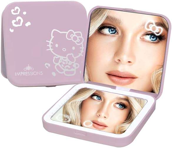 Impressions Vanity Hello Kitty Supercute Compact Mirror with Touch Sensor Switch for Adjustable Brightness, Lighted Makeup Mirror with LED Lights and 2X Magnifying Mirror Top (Pink) - Image 1