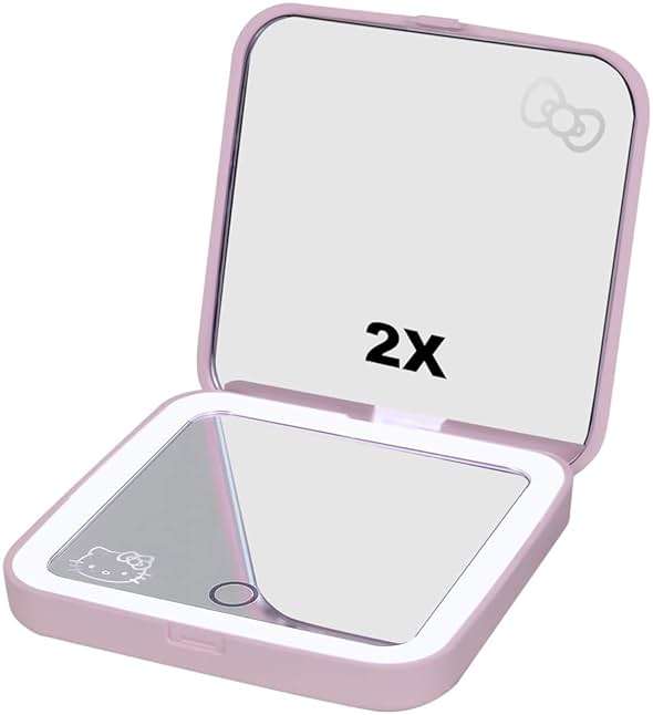 Impressions Vanity Hello Kitty Supercute Compact Mirror with Touch Sensor Switch for Adjustable Brightness, Lighted Makeup Mirror with LED Lights and 2X Magnifying Mirror Top (Pink) - Image 4