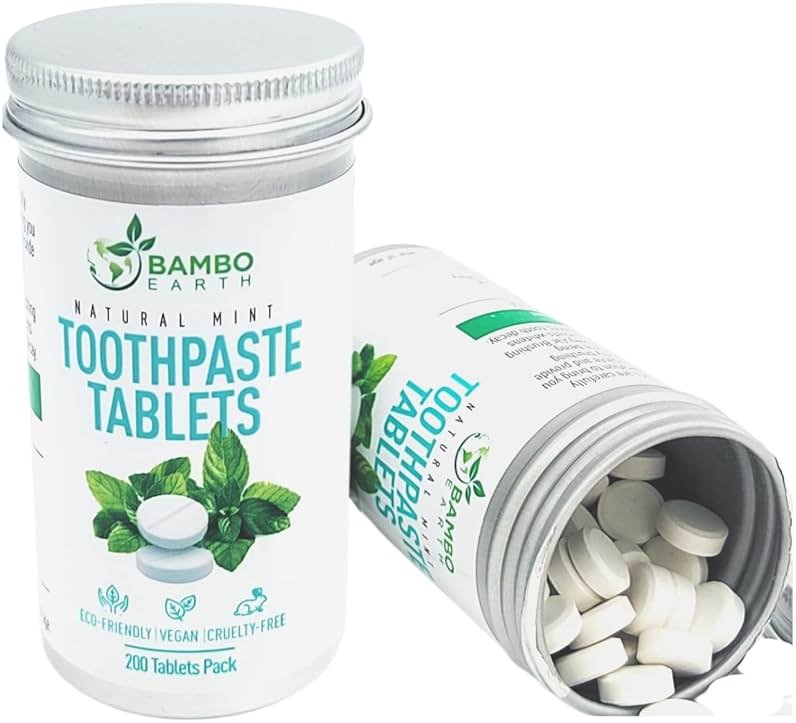 200 Pack Natural Toothpaste Tablet Bits - Chewable Mouthwash Whitening Bite Tablets for Teeth SLS & Fluoride Free Eco & Travel Friendly - Zero Waste Packaging - Mint & Activated Charcoal (Peppermint) - Product Image