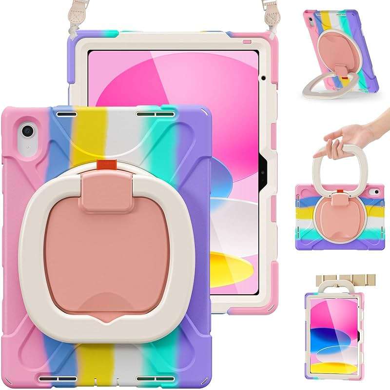 BRAECN Kids Case for iPad (A16) 11th/10th Generation 11”/10.9'' 2025/2022, Heavy Duty Rugged Silicone Cover with Screen Protector, Kickstand, Shoulder Strap, Pencil Holder & Ring Stand, Colorful Pink - Image 1
