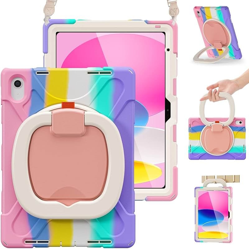 BRAECN Kids Case for iPad (A16) 11th/10th Generation 11”/10.9'' 2025/2022, Heavy Duty Rugged Silicone Cover with Screen Protector, Kickstand, Shoulder Strap, Pencil Holder & Ring Stand, Colorful Pink - Product Image
