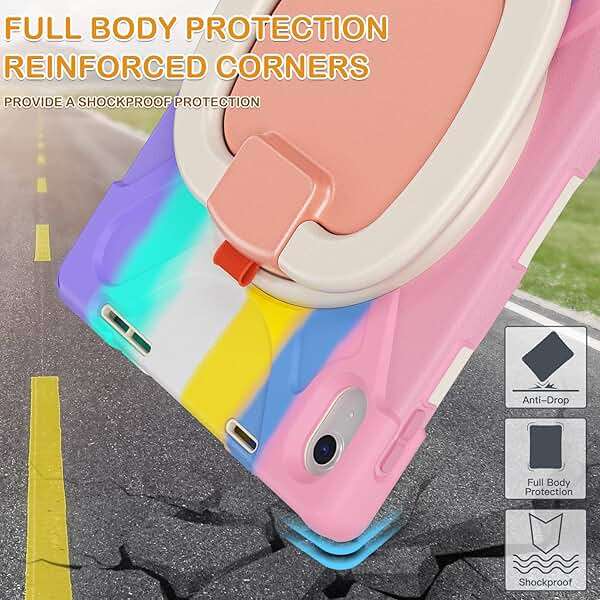 BRAECN Kids Case for iPad (A16) 11th/10th Generation 11”/10.9'' 2025/2022, Heavy Duty Rugged Silicone Cover with Screen Protector, Kickstand, Shoulder Strap, Pencil Holder & Ring Stand, Colorful Pink - Image 6