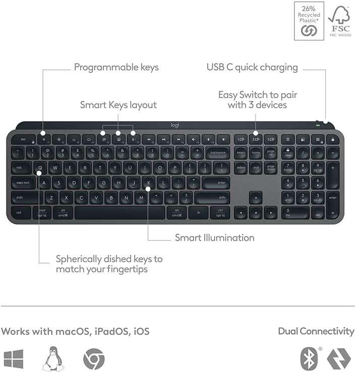 Logitech MX Keys S Wireless Keyboard, Low Profile, Fluid Precise Quiet Typing, Programmable Keys, Backlighting, Bluetooth, USB C Rechargeable, for Windows PC, Linux, Chrome, Mac - Graphite - Image 6