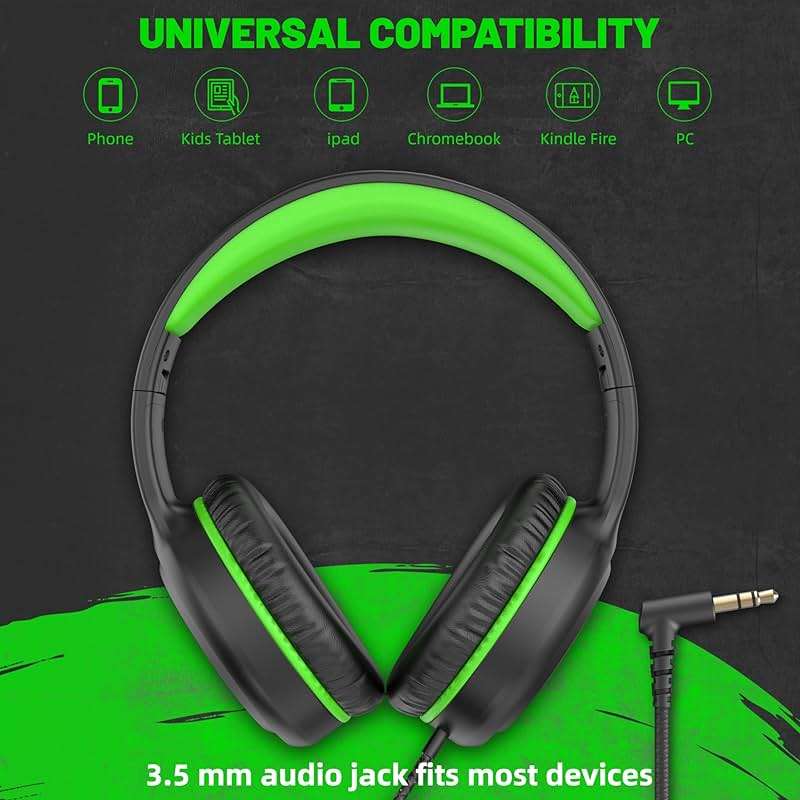 UKELALA Green Wired Headphones for Boys Portable On Ear Youth Headphones for School Airplane Travel Lightweight Portable Compatible with Pad Computer Laptop for Adults Student Children Girls Kids - Image 3