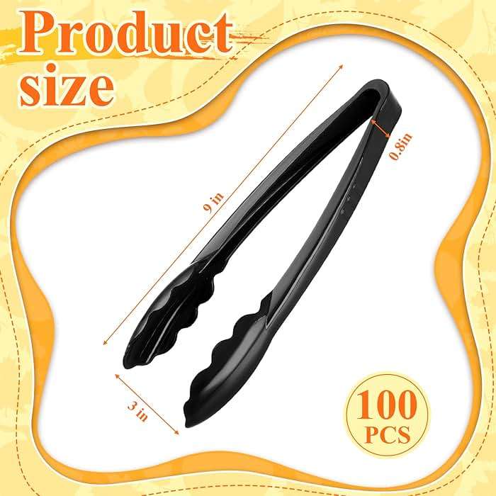Tessco for you 100 Pcs Plastic Tongs for Serving Bulk, 9 Inch Plastic Disposable Serving Tongs, Heavy Duty Salad Tong for Kitchen, Buffet, BBQ, Events & Catering (Black) - Image 2
