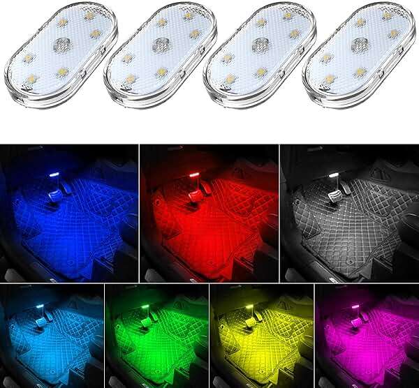 4Pcs Car LED Lights Interior Wireless, 7 Colors Interior Car Lights with 6 Bright LED Lamp Beads, Portable USB Rechargeable Car Interior Led Night Light for Car Decor - Image 1