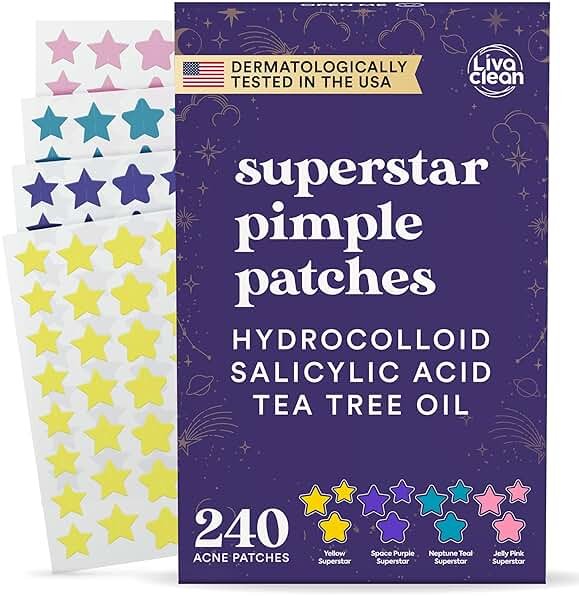 Livaclean 240CT Star Pimple Patches for Face w/ Hydrocolloid, Tea Tree oil & Salicylic Acid - Zit Stickers, Hydrocolloid Acne Patches for Face - Cute Pimple Patch, Acne Stickers - Product Image