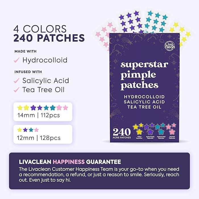 Livaclean 240CT Star Pimple Patches for Face w/ Hydrocolloid, Tea Tree oil & Salicylic Acid - Zit Stickers, Hydrocolloid Acne Patches for Face - Cute Pimple Patch, Acne Stickers - Image 2