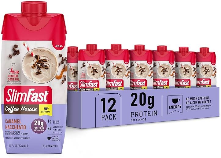 SlimFast Protein Shake with Caffeine, Caramel Macchiato- 20g Protein, Meal Replacement Shakes, High Protein with Low Carb and Low Sugar, 24 Vitamins and Minerals, 12 Count (Pack of 1) - Product Image