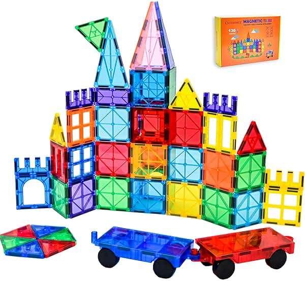 Gemmicc Magnetic Tiles, Deluxe 136 PCS Building Blocks Magnet Toys for Kids,3D Magnet Puzzles Stacking Blocks for Boys Girls,Huge Set with 2 Cars - Image 1