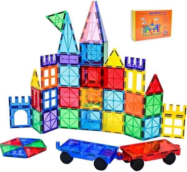 Gemmicc Magnetic Tiles, Deluxe 136 PCS Building Blocks Magnet Toys for Kids,3D Magnet Puzzles Stacking Blocks for Boys Girls,Huge Set with 2 Cars - Product Image