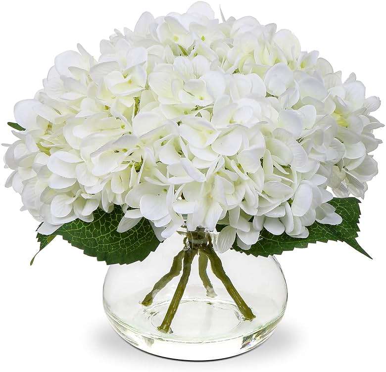 Hollyone Hydrangea Artificial Flowers with Vase White Silk Fake Flowers Arrangements in Glass Vase with Faux Water for Home Bathroom Office Table Centerpiece Shelf Decorations - Image 1