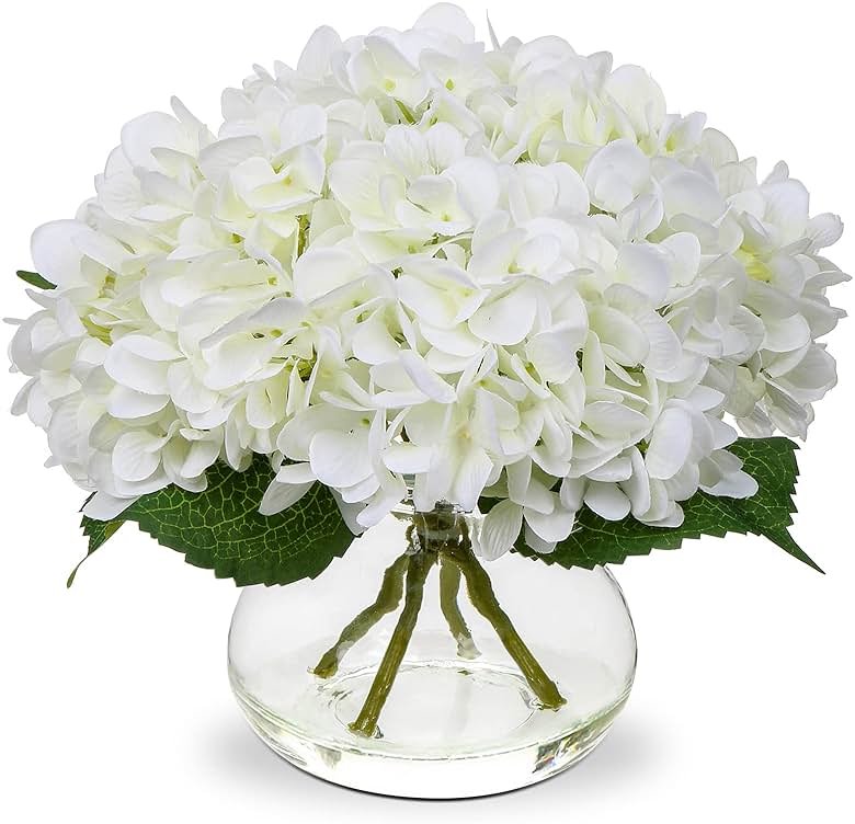 Hollyone Hydrangea Artificial Flowers with Vase White Silk Fake Flowers Arrangements in Glass Vase with Faux Water for Home Bathroom Office Table Centerpiece Shelf Decorations - Product Image